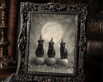 Vintage Victorian Black Cat Witches Gothic Halloween Full Moon Black and White Antique Style Wall Art  Print