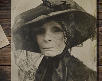 Vintage Victorian Mourning Widow Witch Gothic Funeral Portrait Card Creepy Antique Photography Blank Inside