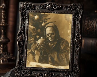Grim Reaper Christmas  Art Print Gothic Skeleton Creepy Holiday Wall Art Sepia Vintage Photography
