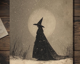 Victorian Witch in Snow Christmas Yule Card Gothic Winter Moon Art Antique Cabinet Card Style Blank Inside