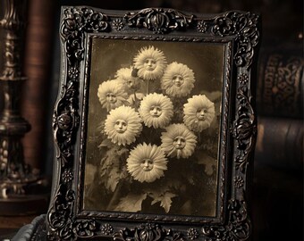 Victorian Sad Flower Faces Print Gothic Surreal Wall Art Antique Sepia Floral Decor