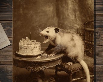 Vintage Victorian Opossum Birthday Card Gothic Animal Humor Antique Style Photography Blank Inside
