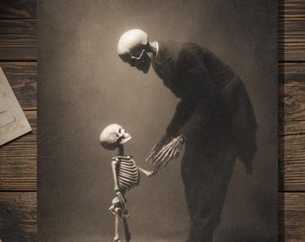 Vintage Victorian Skeleton Father and Child Father's Day Card Gothic Macabre Antique Style Photography Blank Inside