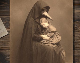 Vintage Victorian Plague Doctor with Child Mother’s Day Card Gothic Macabre Antique Style Photography Blank Inside