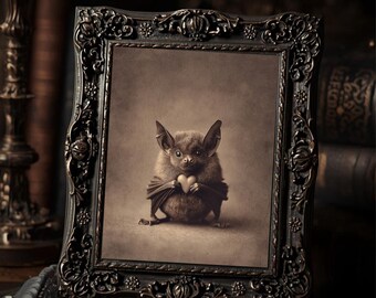 Gothic Bat Holding Heart Dark Cute Valentine  Art Print Sepia Vintage Macabre Romantic Wall Decor