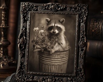 Victorian Raccoon Holding Flowers Art Print Gothic Antique Style Sepia Raccoon Portrait