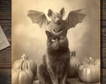 Vintage Victorian Bat Riding Black Cat Halloween Card Gothic Antique Style Photography Blank Inside