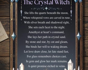 Crystal Witch Pagan Poem Greeting Card Wiccan Gothic Manuscript Style Altar Card 5x7