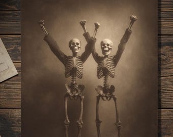 Vintage Victorian Cheering Skeletons Congratulations Thank You Card Gothic Macabre Art Antique Style Photography Blank Inside