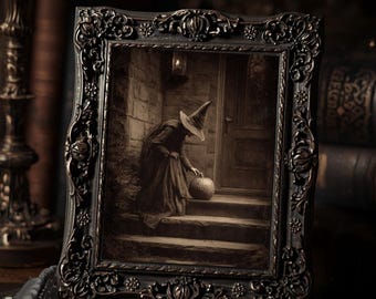 Witch With Pumpkin Gothic Halloween Wall Art Print  Sepia Vintage Witch Photograph Spooky Autumn Decor