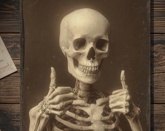 Vintage Victorian Skeleton Thumbs Up Thank You Congratulations Card Gothic Macabre Art Antique Style Photography Blank Inside