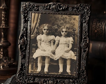 Creepy Victorian Twin Girls  Gothic Weird Vintage Sepia Haunted Children Art Print Dark Wall Decor