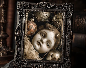Creepy Victorian Doll Ornament Christmas Print  Gothic Holiday Wall Art Weird Macabre Antique Style Photograph