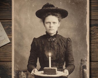 Vintage Victorian Woman with Birthday Cake Card Gothic Macabre Art Antique Style Photography Blank Inside