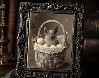 Vintage Gothic Grumpy Bat Easter Print Victorian Style Dark Holiday Basket Wall Art