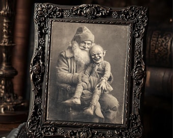 Creepy Goblin Child with Santa  Art Print Gothic Christmas Vintage Spooky Holiday Wall Art Sepia Photography