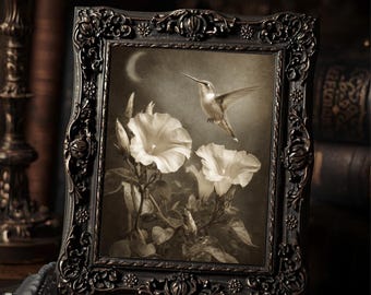 Victorian Hummingbird Moon Print Gothic Nature Wall Art Antique Sepia Floral Decor