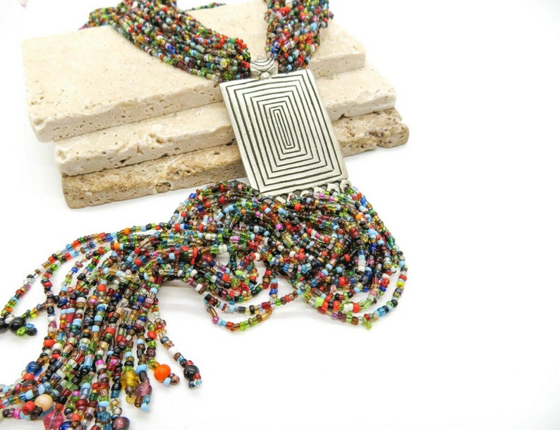 Vintage Huge Layered Multi-Color Glass Bead Silver Boho Statement Necklace P7