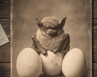 Vintage Victorian Baby Bat Hatching From Egg Easter Card Gothic Victorian Style Art Blank Inside