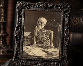 Victorian Skeleton At Desk Gothic Dark Academia Style  Art Print Macabre Oddities Writer Skull Artwork