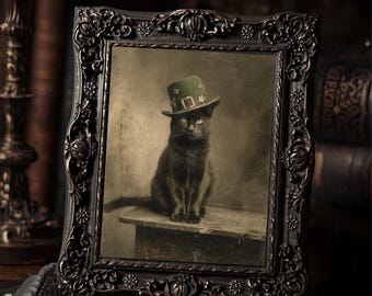 Macabre Vintage Victorian Black Cat Leprechaun Gothic Wall Print St Patricks Day Antique Style