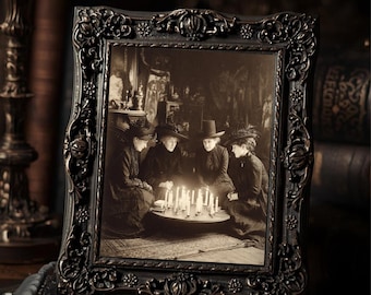Victorian Women Around Candles Gothic Wall Art Print  Vintage Sepia Witchy Séance Decor