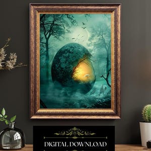 Mystical Egg Wall Art Digital Download Fantasy Enchanted Forest Printable Magical Bird Artwork Surreal Dreamscape Decor