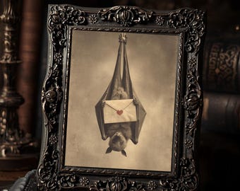 Gothic Bat With Love Letter Dark Valentine Antique Style Creepy Art Print  Macabre Romantic Wall Decor