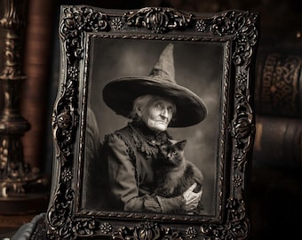 Vintage Victorian Witch and Black Cat Portrait Halloween Art Print Gothic Antique Style Spooky Wall Decor
