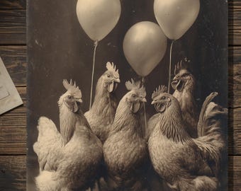 Victorian Gothic Chickens With Balloons Birthday Greeting Card Dark Antique Farm Humor Blank Inside