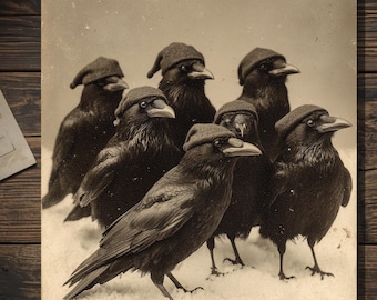 Vintage Victorian Winter Crow Christmas Greeting Card Dark Holiday Ravens In Hats Blank Inside