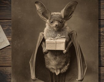 Victorian Bat Holding Gift Greeting Card Gothic Antique Style Sepia Bat Card