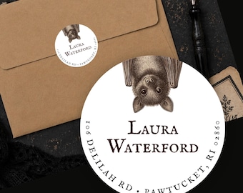 Personalized Hanging Bat Return Address Labels Custom Round Stickers