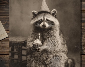 Raccoon Birthday Card With Cupcake Funny Animal Greeting Card Antique Style Woodland Humor 5x7
