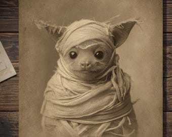 Vintage Victorian Bat Mummy Costume Halloween Card Gothic Antique Style Photography Blank Inside