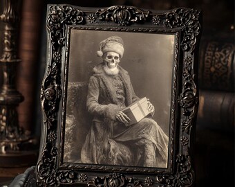 Skeleton Santa with Gift  Art Print Gothic Christmas Creepy Holiday Wall Art Sepia Vintage Spooky Photography