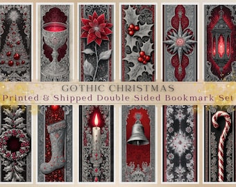 Gothic Christmas Bookmark Set Silver Red Illuminated Art Nouveau Gothmas Bookmarks Choose 4, 8, or 12 Printed