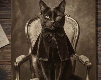 Vintage Victorian Vampire Cat Halloween Card Black Cat Gothic Antique Style Photography Spooky Blank Inside