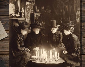 Victorian Women Around Candles Gothic Greeting Card Vintage Sepia Witchy Séance Style Photograph Spooky Card Blank Inside