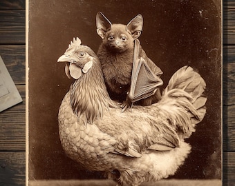 Victorian Bat Riding Chicken Greeting Card Antique Style Sepia Gothic Vintage Bat Card