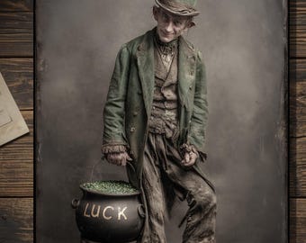 Vintage Victorian Leprechaun With Pot of Luck Card Gothic Antique Style Art Blank Inside