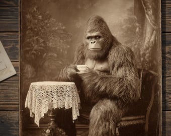 Vintage Victorian Bigfoot Drinking Tea Funny Cryptid Card Gothic Cabinet Card Style Antique Sepia Photography Blank Inside