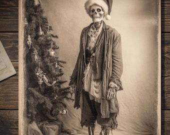 Vintage Victorian Skeleton Santa Hat Christmas Card Gothic Undead Holiday Greeting