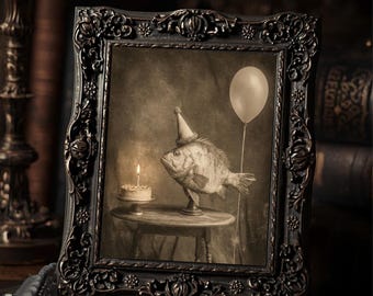 Victorian Fish Birthday Cake Print Gothic Vintage Cabinet Card Style Dark Humor Wall Art