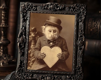 Vintage Monkey with Heart Print Victorian Romantic Wall Art