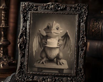 Birthday Dragon Holding Cake Gothic Fantasy Wall Print Whimsical Art Dark Romantic Victorian Style