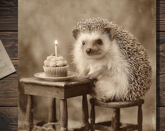 Hedgehog Birthday Greeting Card Victorian Animal With Cupcake Cute Weird Birthday Gothic Humor
