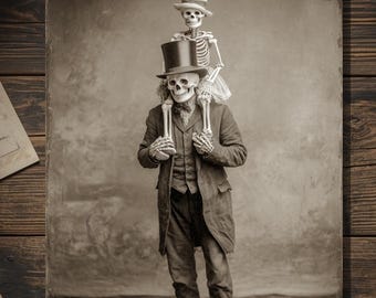 Vintage Victorian Skeleton Father and Child Card Gothic Macabre Fathers Day Antique Style Photography Blank Inside