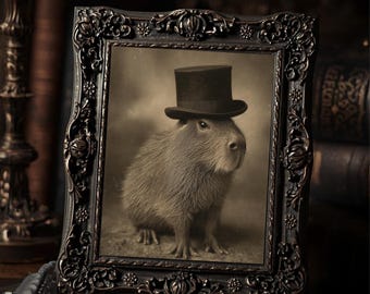 Victorian Capybara Wearing Top Hat Gothic Animal Art Print Formal Whimsical Wall Decor