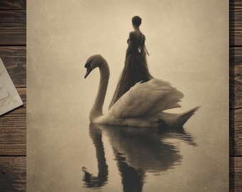 Vintage Victorian Woman on Swan Card Gothic Elegant Antique Style Photography Blank Inside